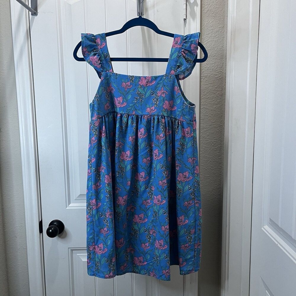 By the River Blue Pink Floral Ruffle Tank Dress Beachy Cottage Womens Size S